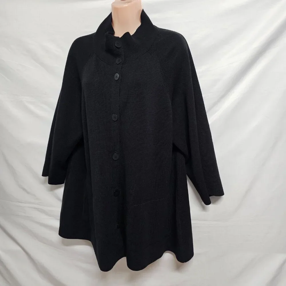 Eileen Fisher Button Up Mock Neck Kimono Jacket Women Size L Black Silk/Cotton